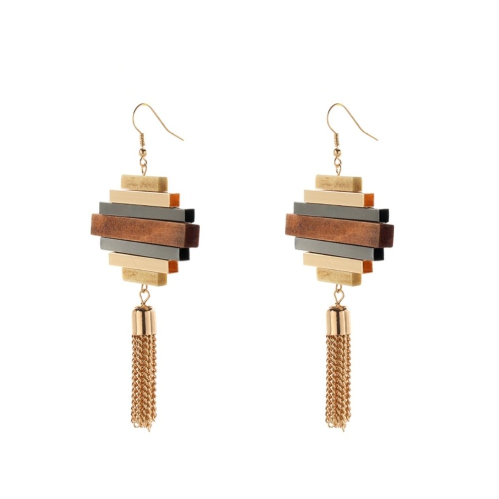 💕last one Boho Nature Wood Tassel Dangle Earrings - Picture 5 of 6
